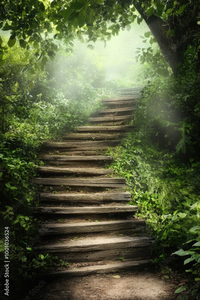 Obraz premium Enchanted forest path with wooden stairs