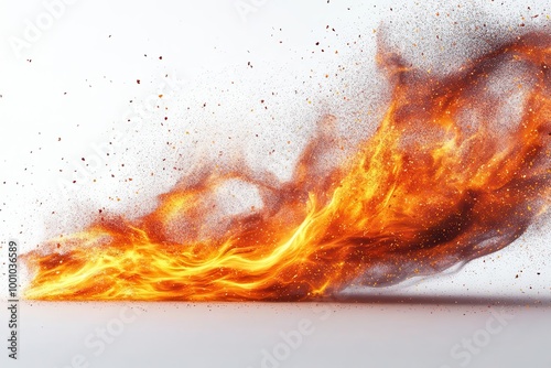 dramatic flames leap and dance across a stark white background with sparks flying in every direction the intensity of the burning fire conveys both energy and beauty in a captivating display