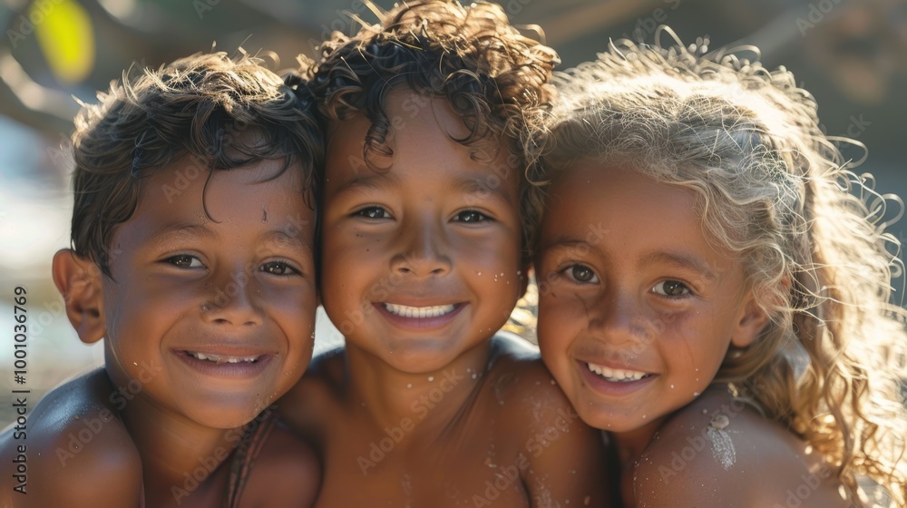 Three smiling children with varied skin tones, faces close Three smiling children with varied skin tones, faces close