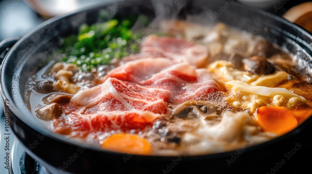 A close-up of a bubbling hot pot with rich broth, slices of meat, mushrooms, and vegetables, with steam rising and serving utensils ready for use A close-up of a bubbling hot pot with rich broth, slices of meat, mushrooms, and vegetables, with steam rising and serving utensils ready for use