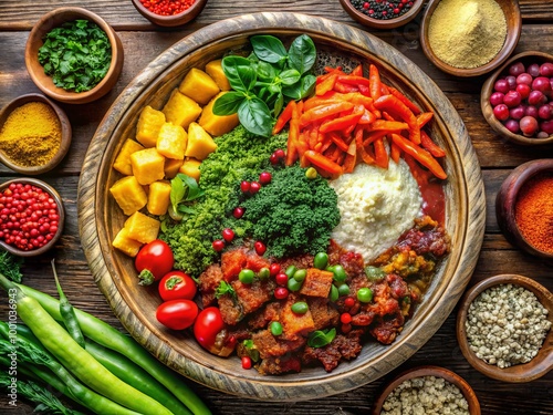 Colorful Tikel Gomen Dish with Fresh Vegetables and Spices Served in a Traditional Ethiopian Bowl photo