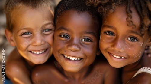 Three smiling children with varied skin tones, faces close together