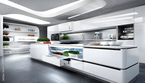 Futuristic modern kitchen featuring sleek white cabinetry and integrated appliances