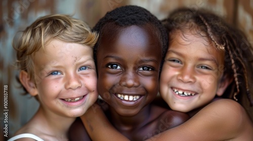 Three smiling children with varied skin tones, faces close together