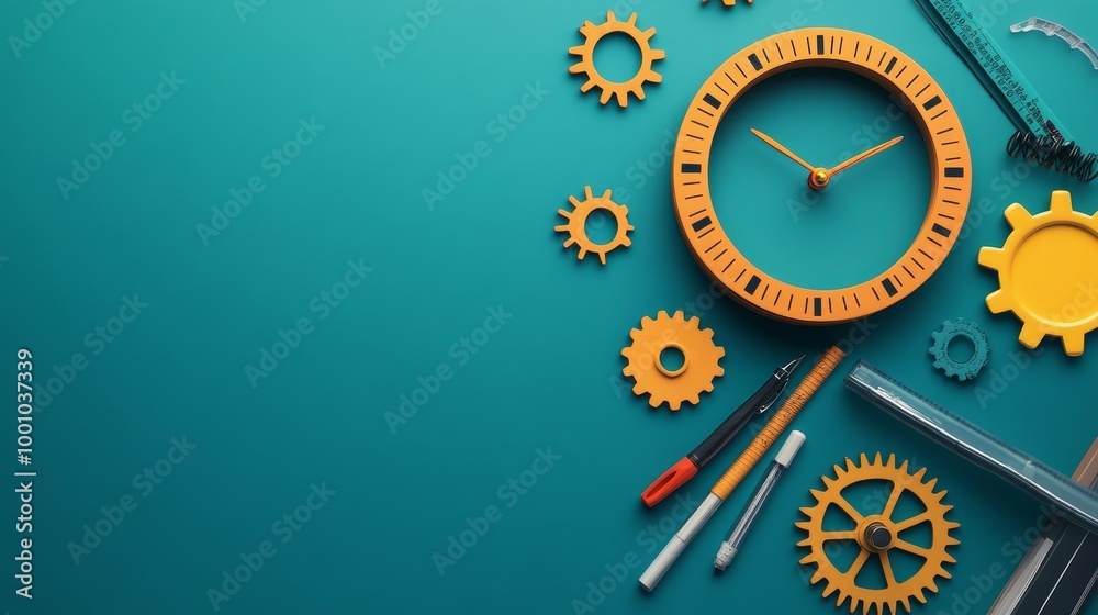 A vibrant arrangement of yellow gears, a clock, and tools on a teal background, symbolizing creativity and mechanical innovation. A vibrant arrangement of yellow gears, a clock, and tools on a teal background, symbolizing creativity and mechanical innovation.