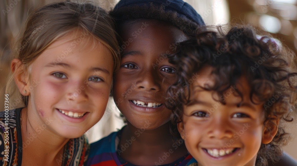 Three smiling kids of different ethnicities, faces close Three smiling kids of different ethnicities, faces close