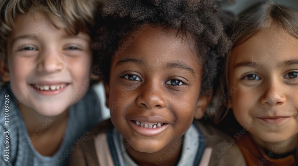 Three smiling kids of different ethnicities, faces close Three smiling kids of different ethnicities, faces close