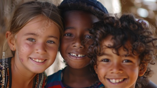 Three smiling kids of different ethnicities, faces close