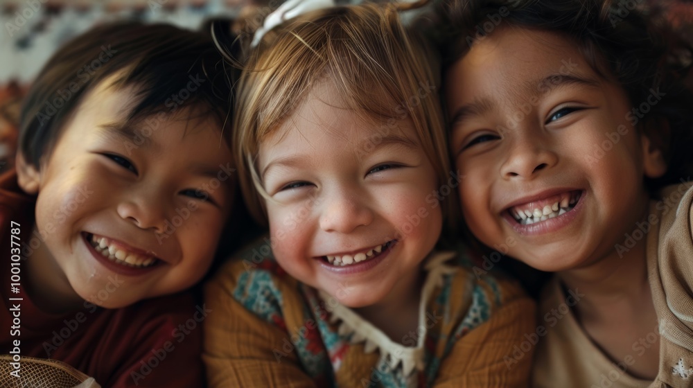 Three smiling kids of varied ethnicities, faces close Three smiling kids of varied ethnicities, faces close