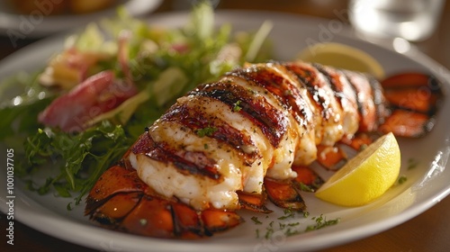 A close-up of a deliciously grilled lobster tail with a brush of garlic butter, served with a side of fresh salad and a lemon wedge on a fine dining plate. photo