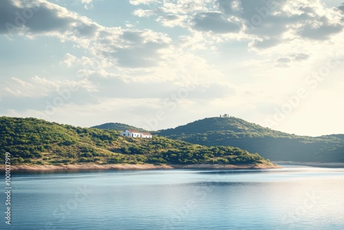 Wallpaper Mural Scenic landscape with a house on a hillside overlooking a lake Torontodigital.ca