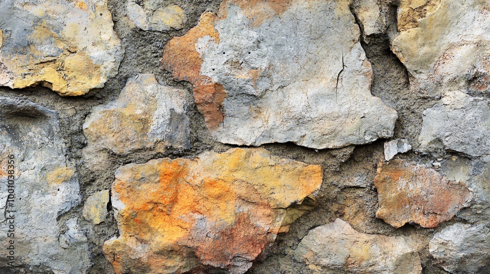 Close-up texture of a rough stone wall with a mix of gray, brown, and orange tones. Close-up texture of a rough stone wall with a mix of gray, brown, and orange tones.