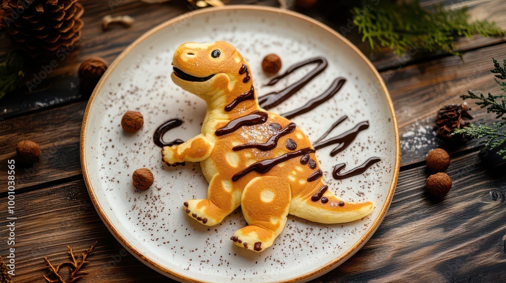Fototapeta premium Cute Dinosaur Pancake on Plate with Chocolate Drizzle