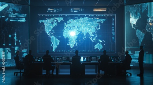 Obraz na płótnie A futuristic command center with a large digital world map and analysts working on high-tech interfaces, highlighting global data monitoring. w salonie