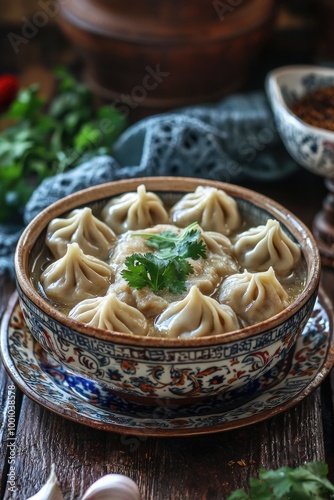 khinkali in a plate on the table. Selective focus