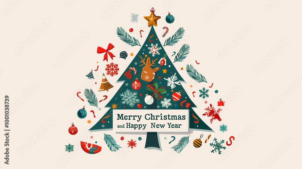 Merry Christmas is written on a tree with many decorations Merry Christmas is written on a tree with many decorations