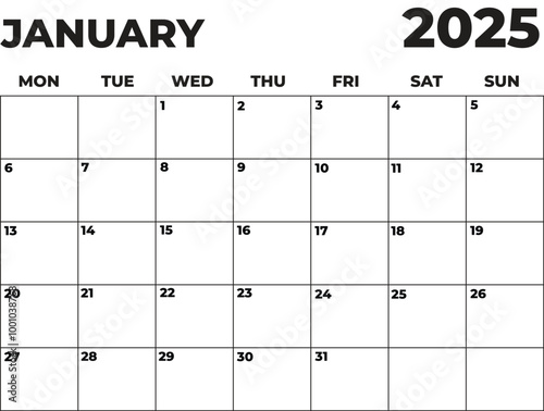 Monthly Planner January 2025, Minimalist Black and White Calendar, Monday Start Printable Calendar, Plain calendar, Dated Monthly Planner, Simple Monthly Organizer, Landscape Monthly Planner
