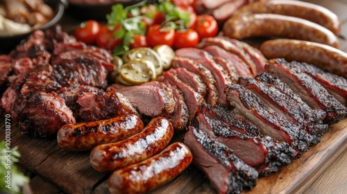 A close-up of a meat lover platter with an assortment of cooked meats, including beef brisket, grilled sausages, and barbecued ribs, arranged on a wooden board.