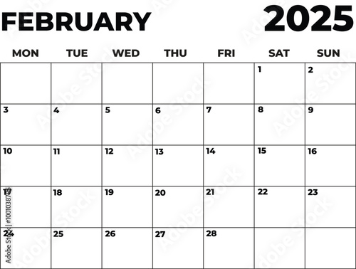 Monthly Planner February 2025, Minimalist Black and White Calendar, Monday Start Printable Calendar, Plain calendar, Dated Monthly Planner, Simple Monthly Organizer, Landscape Monthly Planner