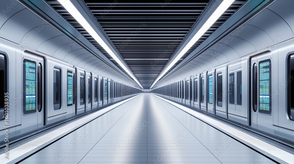 Naklejka premium Futuristic subway station with sleek design and bright lighting, perspective view.