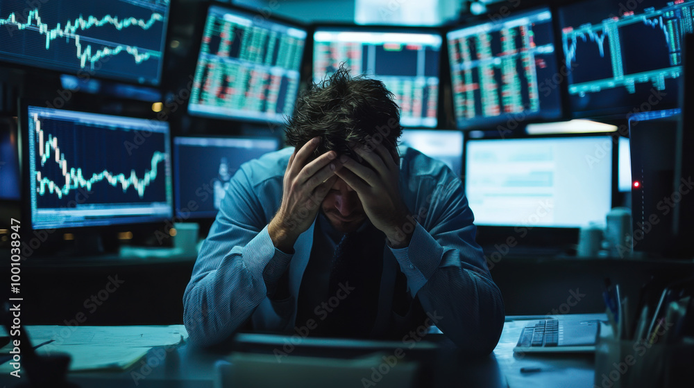 A stressed trader in a suit sits at his desk, surrounded by monitors showing fluctuating stock market graphs in a busy office A stressed trader in a suit sits at his desk, surrounded by monitors showing fluctuating stock market graphs in a busy office