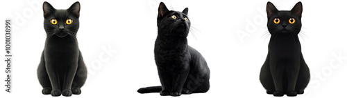 Three Stylish Black Cats with Yellow Eyes Isolated on Transparent Background
