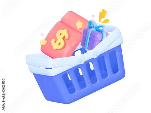 3D Shopping cart with a coupon with dollar. and gift. Bright vector illustration.  For promotions, sales and gift offers.
