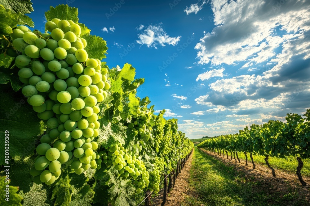 Naklejka premium Lush green grape vineyard under a blue sky