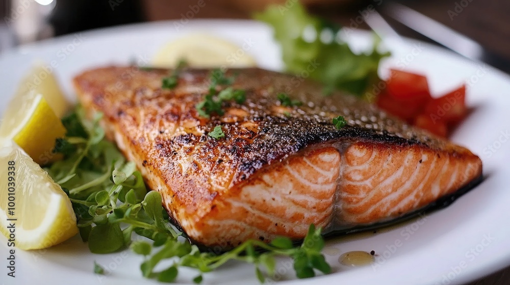 A close-up of a perfectly grilled salmon fillet with crispy skin, served with a side of fresh vegetables and lemon wedges on a white plate. A close-up of a perfectly grilled salmon fillet with crispy skin, served with a side of fresh vegetables and lemon wedges on a white plate.