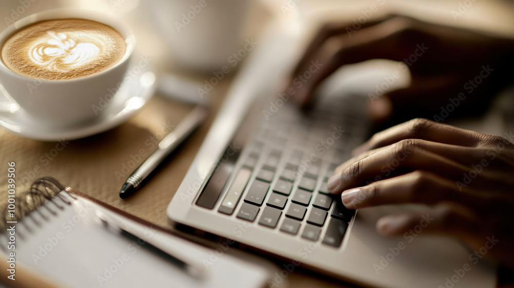 A person typing on a laptop while enjoying a coffee at a caf? during the morning hours in a cozy atmosphere A person typing on a laptop while enjoying a coffee at a caf? during the morning hours in a cozy atmosphere