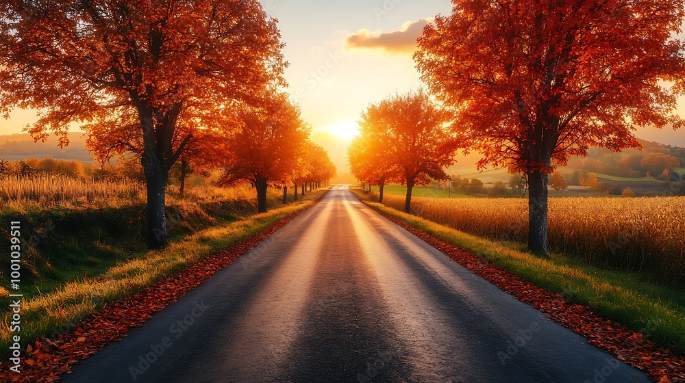 A peaceful countryside road lined with maple trees in full autumn colors, glowing under the warm sunset light. A peaceful countryside road lined with maple trees in full autumn colors, glowing under the warm sunset light.
