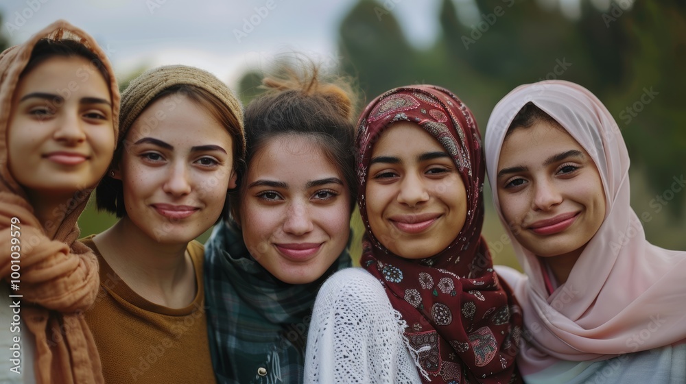 Young women from various ethnic backgrounds, standing closely and smiling warmly Young women from various ethnic backgrounds, standing closely and smiling warmly