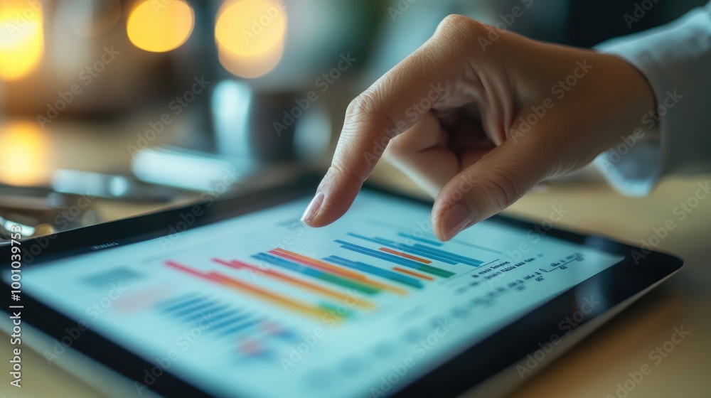 A close-up of a person hand pointing at a bar chart on a tablet screen, with financial data and performance metrics clearly visible, surrounded by office tools. A close-up of a person hand pointing at a bar chart on a tablet screen, with financial data and performance metrics clearly visible, surrounded by office tools.