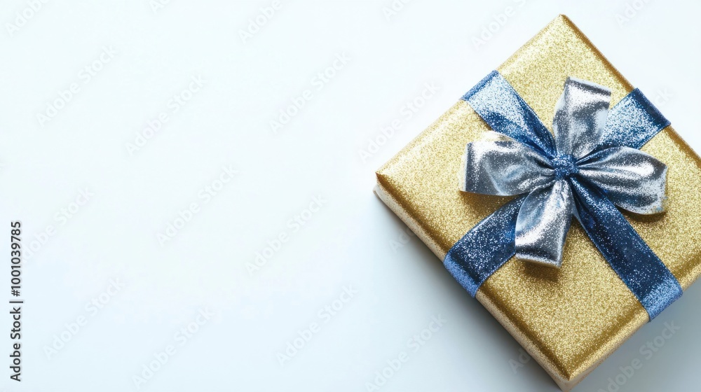 Festive gold and silver New Year gift with a blue ribbon, isolated on a white background for a simple, elegant touch. Festive gold and silver New Year gift with a blue ribbon, isolated on a white background for a simple, elegant touch.