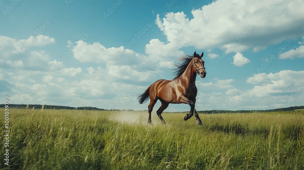 A brown horse is running in a field