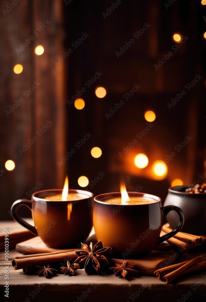 Fototapeta premium cozy mugs filled aromatic spiced beverages ideal warm comfort inviting atmosphere, warmth, drink, cup, cinnamon, clove, ginger, nutmeg, tea, coffee, steam