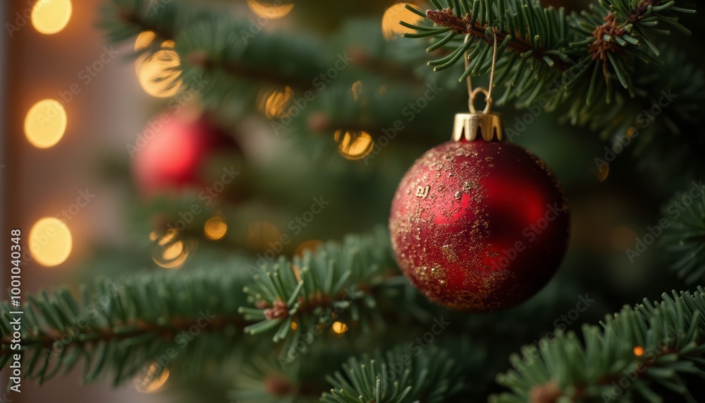 A close-up of a red bauble hanging from a Christmas tree branch with warm, festive lights in the background.