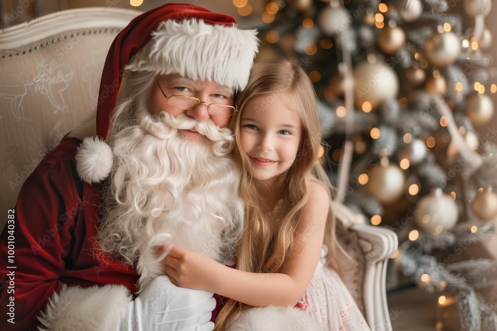 Little beautiful girl sits on a chair with Santa Claus Little beautiful girl sits on a chair with Santa Claus