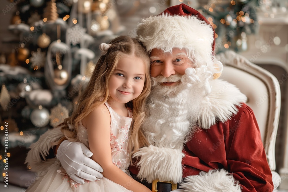 Santa Claus hugging a little girl in a beautiful dress. The atmosphere of the holiday and Christmas Santa Claus hugging a little girl in a beautiful dress. The atmosphere of the holiday and Christmas