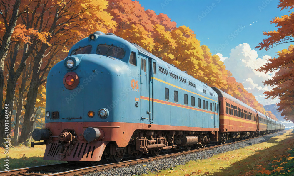 Fototapeta premium A blue passenger train travels through a forest during autumn