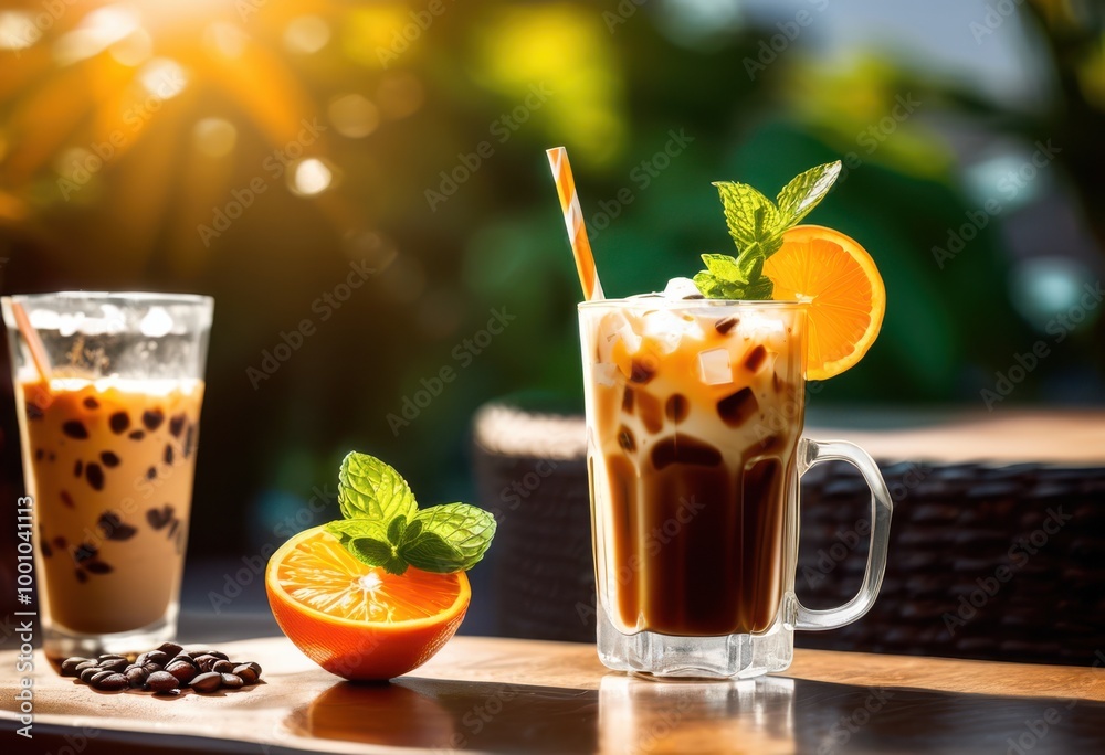 Fototapeta premium chilled iced coffee delight bright invigorating summer moments fresh ingredients inviting presentation, refreshment, drink, vibrant, beverage, frosty