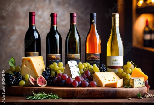 vibrant wine bottles displayed alongside assorted gourmet cheese selections flavorful pairing experience, tasting, variety, color, cork, glass, label