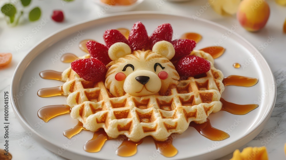 Adorable Lion Waffle with Strawberries and Syrup Adorable Lion Waffle with Strawberries and Syrup