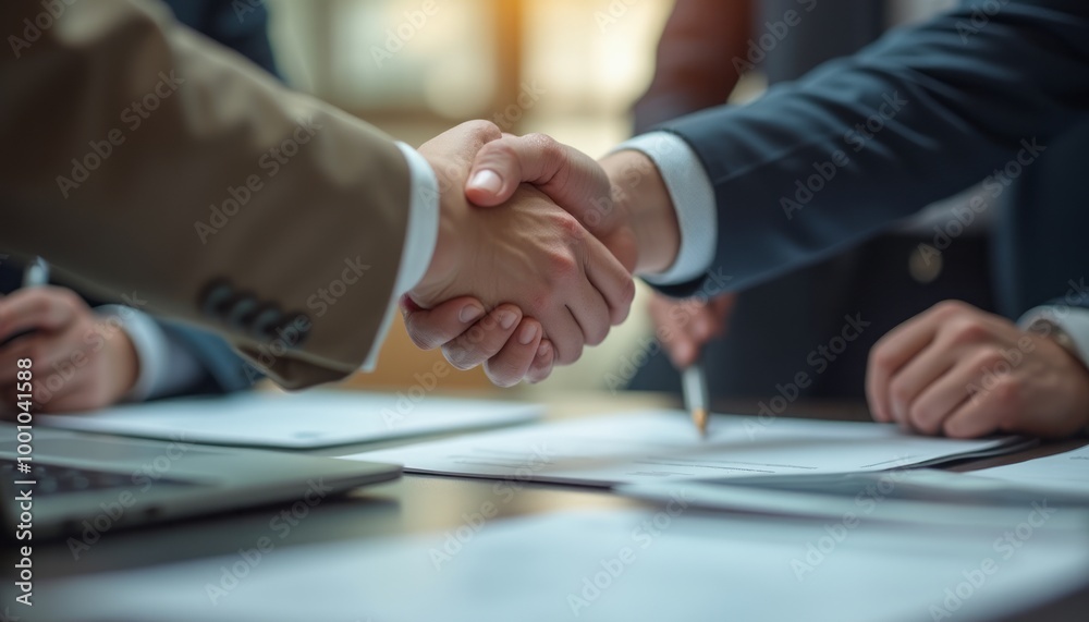 Two businesspeople shaking hands over a table with documents, symbolizing agreement or partnership. Two businesspeople shaking hands over a table with documents, symbolizing agreement or partnership.