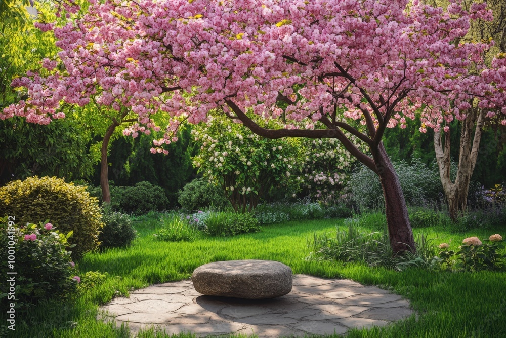 Blooming cherry blossom trees in a lush garden Blooming cherry blossom trees in a lush garden