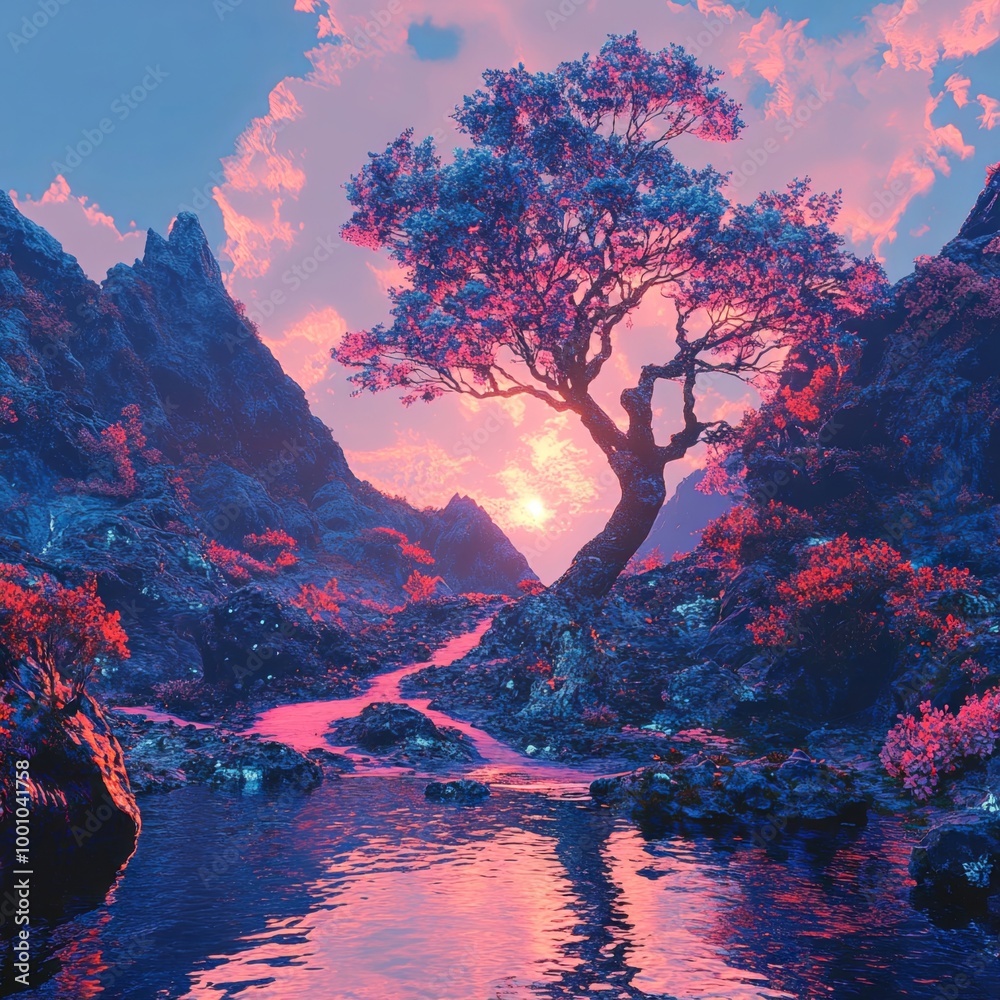 Surreal Landscape with Colorful Sky and River Surreal Landscape with Colorful Sky and River