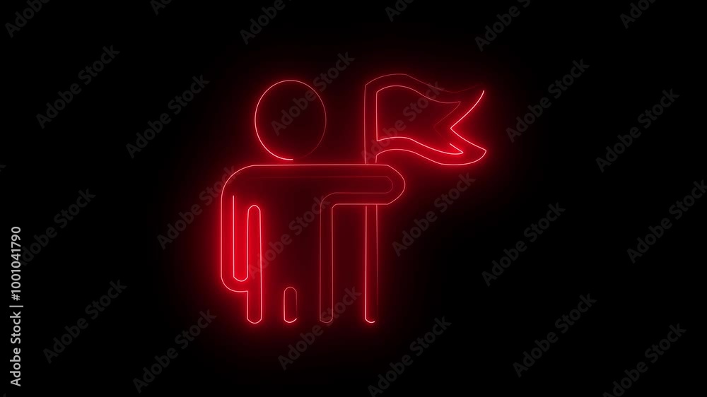 Glowing red color neon line Man holding flag icon isolated on black background. Victory, winning and conquer adversity concept. 4K Video motion graphic Glowing red color neon line Man holding flag icon isolated on black background. Victory, winning and conquer adversity concept. 4K Video motion graphic