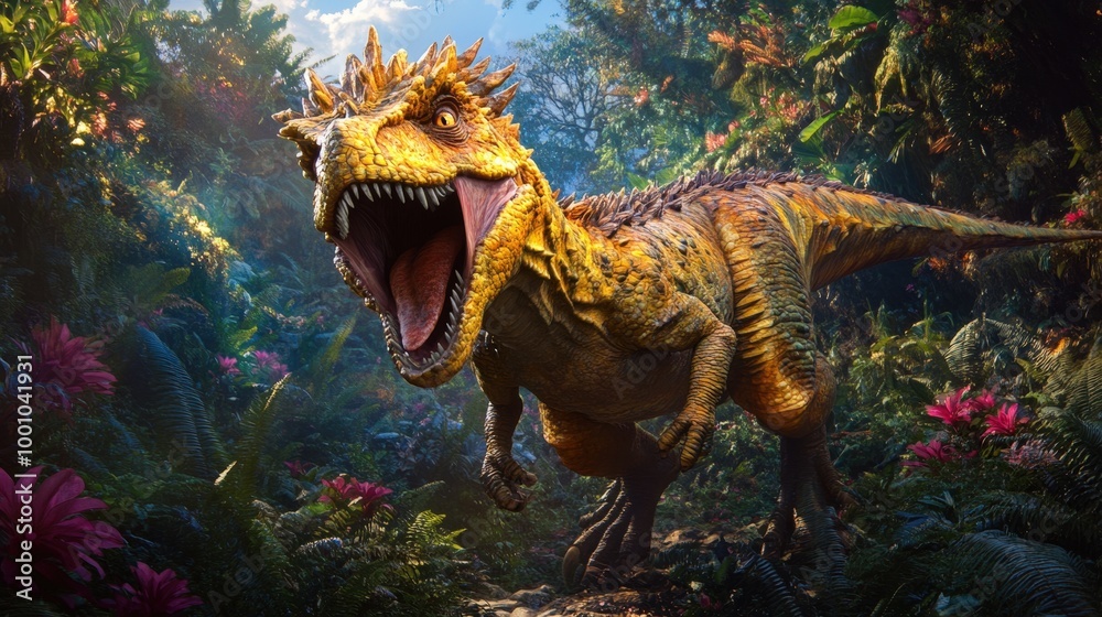 Ferocious Dinosaur in Lush Jungle Landscape Ferocious Dinosaur in Lush Jungle Landscape