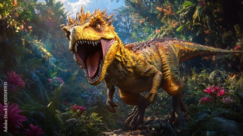Fototapeta Naklejka Na Ścianę i Meble -  Ferocious Dinosaur in Lush Jungle Landscape