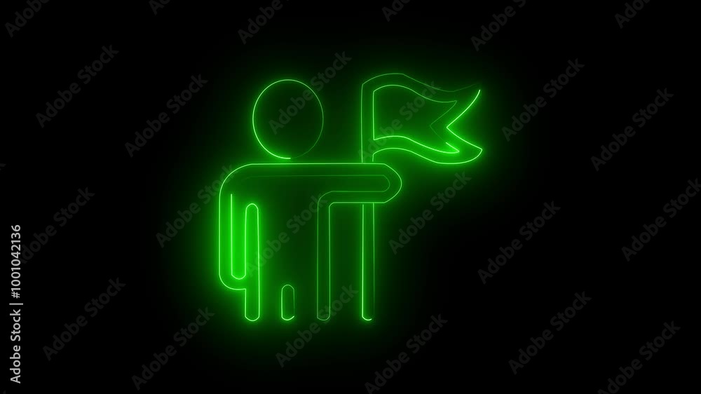 green color neon line Man holding flag icon isolated on black background. Victory, winning and conquer adversity concept. 4K Video motion graphic green color neon line Man holding flag icon isolated on black background. Victory, winning and conquer adversity concept. 4K Video motion graphic